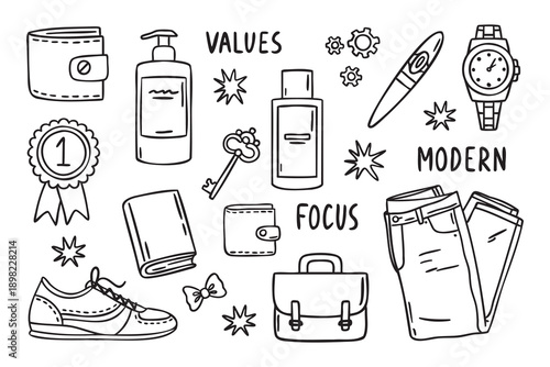 Classic icon set with cigar watch jeans briefcase wallet notebook medal sneaker skincare key words focus modern gears stars bow tie line art monochrome hand drawn