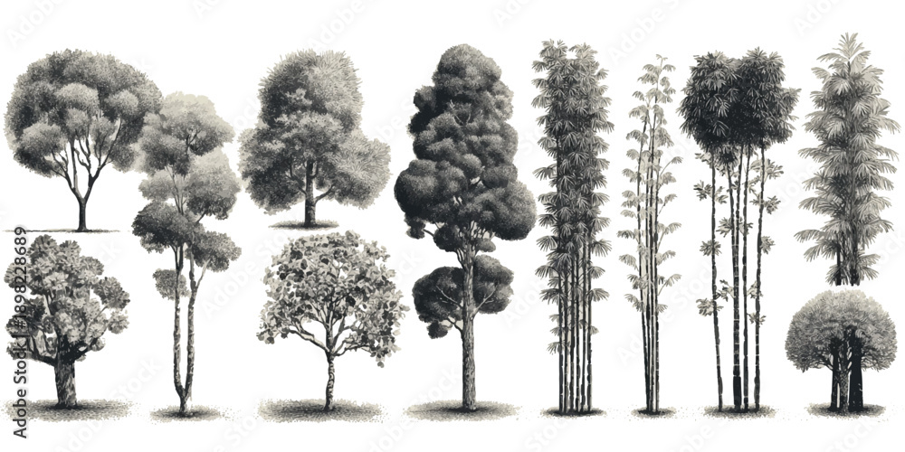 Fototapeta premium Collection of detailed grayscale botanical of various trees and bamboo stalks monochrome black