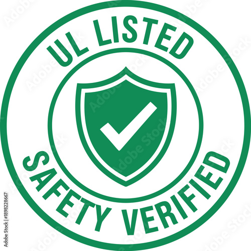 UL Listed Safety Verified Badge Icon – Certified Product Approval Seal, Green Shield Checkmark Emblem