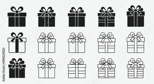 A delightful collection of various gift box icons in black and white.