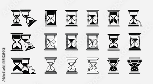 A comprehensive set of hourglass icons depicting time passing in black and white.