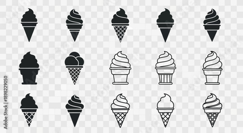 Various delightful ice cream cones and cups in a clear, versatile icon set.