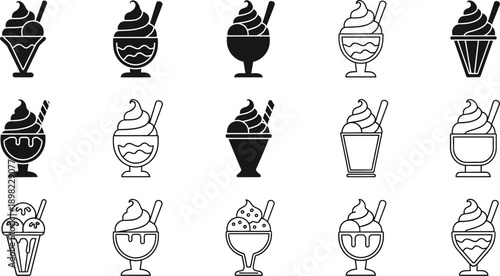 A sweet assortment of various ice cream sundaes in black and white icons.