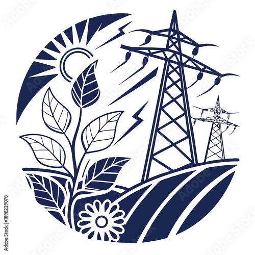 Modern power lines and greenery symbolizing sustainable energy and nature harmony.
