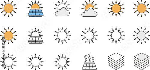 Diverse sun and solar energy icons illustrating renewable power and weather.