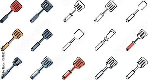 A diverse collection of kitchen spatula icons for various culinary tasks.