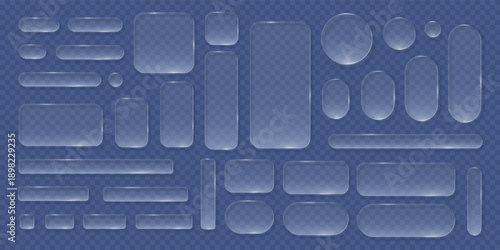 Transparent glass buttons. Liquid glass design elements with morphism effect. Modern digital interface icons for web and app design with rounded frame and subtle shadow. Vector illustration.