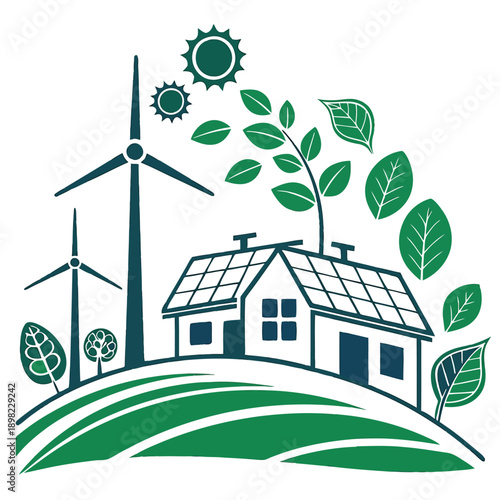 Sustainable home powered by renewable energy sources in a green landscape