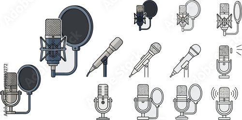 A comprehensive assortment of microphone icons for audio and communication.