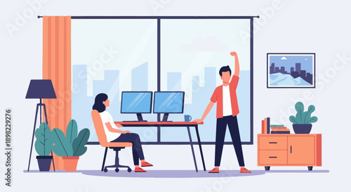 Two people work at computers in a modern office with a city view