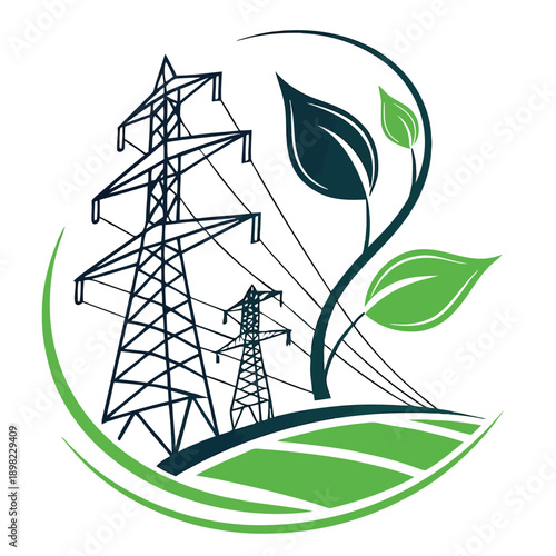 Energy transmission tower with integrated green leaf symbolizing sustainable power solutions