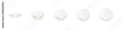 White podiums with golden edges. Product display platforms with soft gradient surface and smooth cylindrical shape in different angles view. Minimalist modern vector illustration.