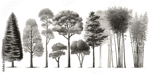 Collection of diverse trees and bamboo stalks rendered in grayscale watercolor style forest nature 1