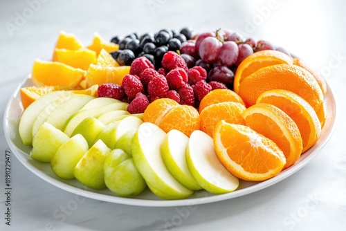 Vibrant fruit platter with berries, apples, and citrus slices on marble surface