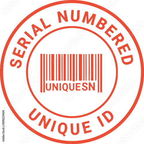 Red Serial Numbered Unique ID Stamp with Barcode for Security and Authentication