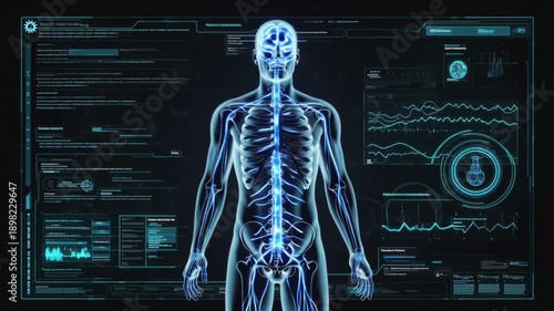 3D cinematic video, transparent human body floating dark minimalistic space, glowing nervous system pulsing electric blue purple lights, dynamic nerve signals flowing along neural pathways, AR HUD
