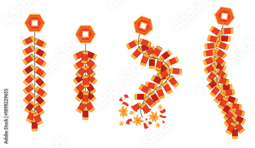 Chinese hanging and exploding firecrackers vector set. Flat illustration of firecrackers for the Chinese Lunar New Year celebration. Isolated on white background