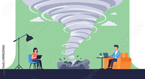 Two people work calmly on laptops as a massive tornado swirls behind them