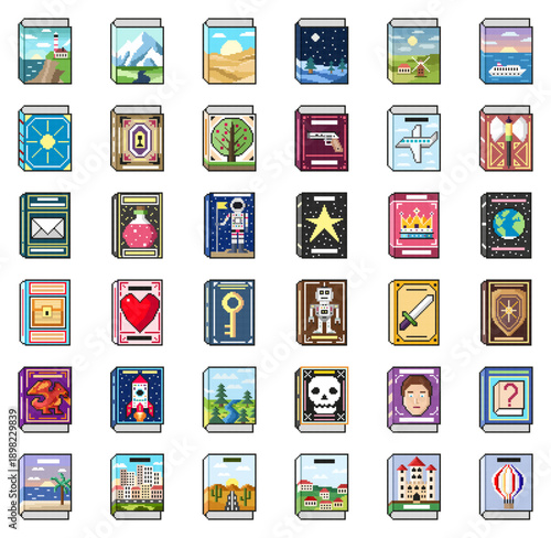 Pixel art books icon set. Fantasy, travel, science fiction, adventure and many other covers. Vector illustration