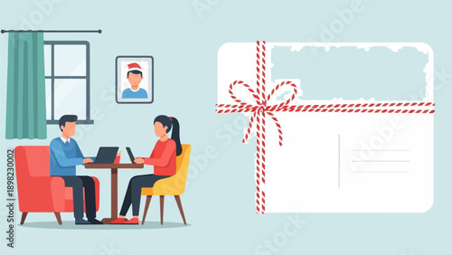 Two people work at laptops in a cozy room next to a festive gift card