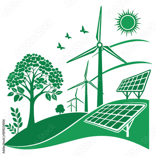 Harmonious blend of renewable energy sources and nature in a serene landscape.