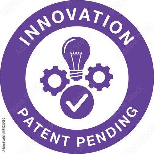 Purple Innovation Patent Pending Badge Icon with Lightbulb and Gears for Technology Branding