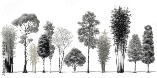 Collection of diverse trees and bamboo stalks rendered in grayscale with detailed textures and subtle shadows