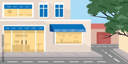 Flat Illustration of a Cafe Building on a City Street. Coffee house store. Coffee shop. Cafe building. Coffee bar.