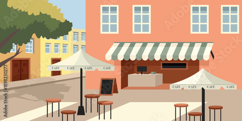 Outdoor Cafe Street Scene with Stools and Awnings. Coffee shop illustration. Coffee store. Restaurant. Gazebo umbrella