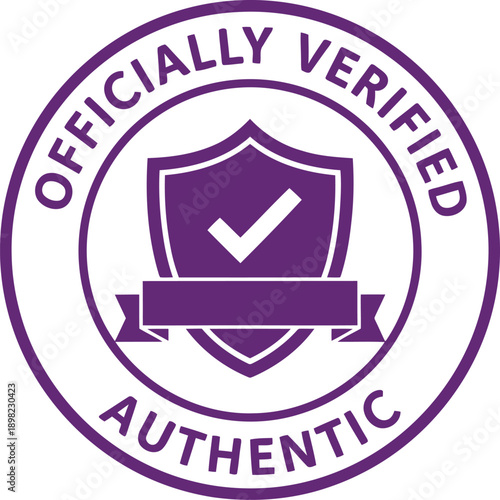 Purple Officially Verified Authentic Badge Icon with Shield and Check Mark for Certification and Trust