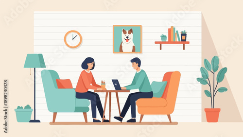 Two people work on a laptop at a table between comfy chairs in a cozy room