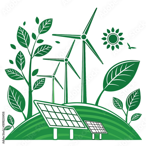 Sustainable energy sources blending wind, solar, and natural elements harmoniously.