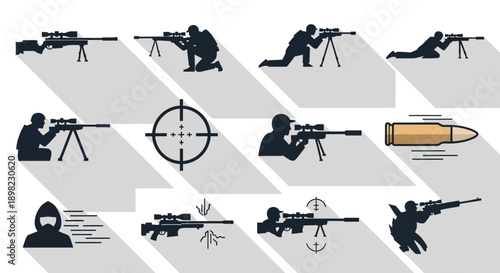 Collection of sniper silhouettes and icons depicting various shooting positions and weapon elements.