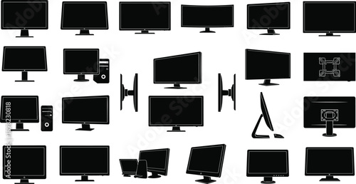 Big Set of Twenty Six Black Computer Monitor Silhouettes Featuring Various Flat Screen Displays Desktop PC Workstations and TV Panels for Technology and Office Branding
