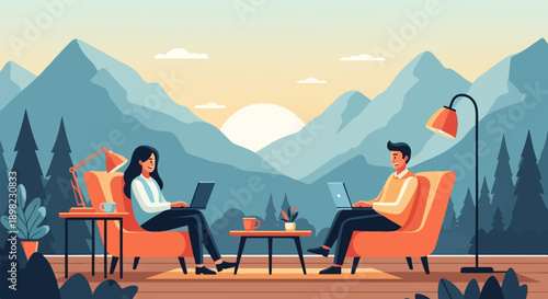 Two people work on laptops on a deck with mountains in background