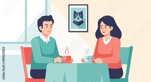 Two people sit at a table sharing drinks, with a picture of a dog on the wall