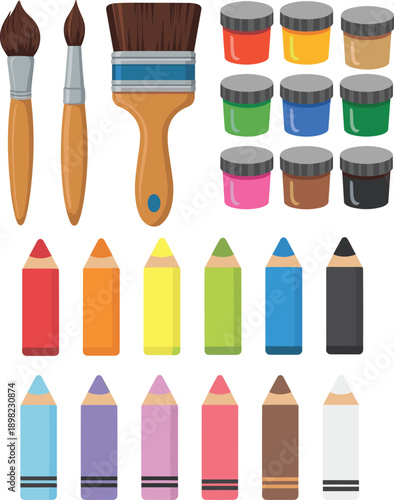 Colorful vector illustration set of art supplies including paint brushes paint jars and colored pencils isolated on white background for creative education and craft