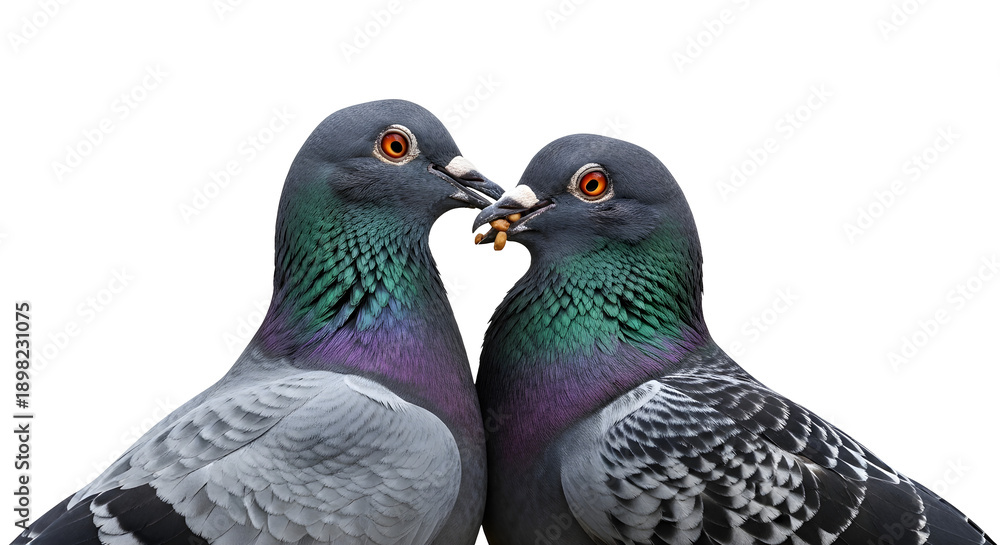 Fototapeta premium Two pigeons standing closely together and kissing each other with a white clean background