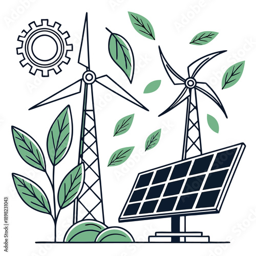 Renewable energy sources combining solar, wind, and natural growth for sustainability.