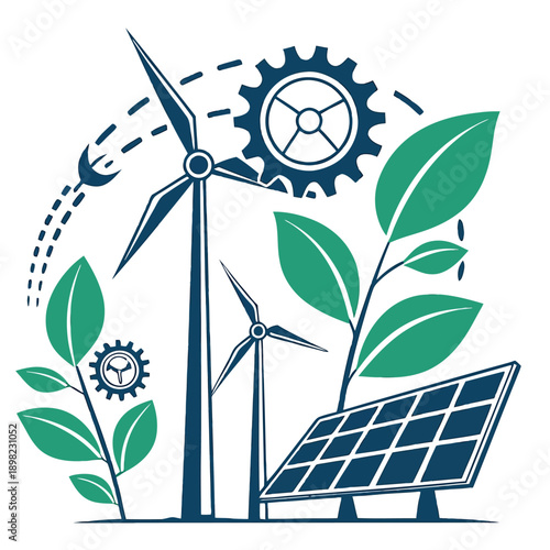 Sustainable energy sources combining wind, solar, and hydro power with nature.
