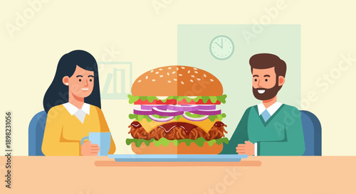 Two people sit at a table with a giant burger between them