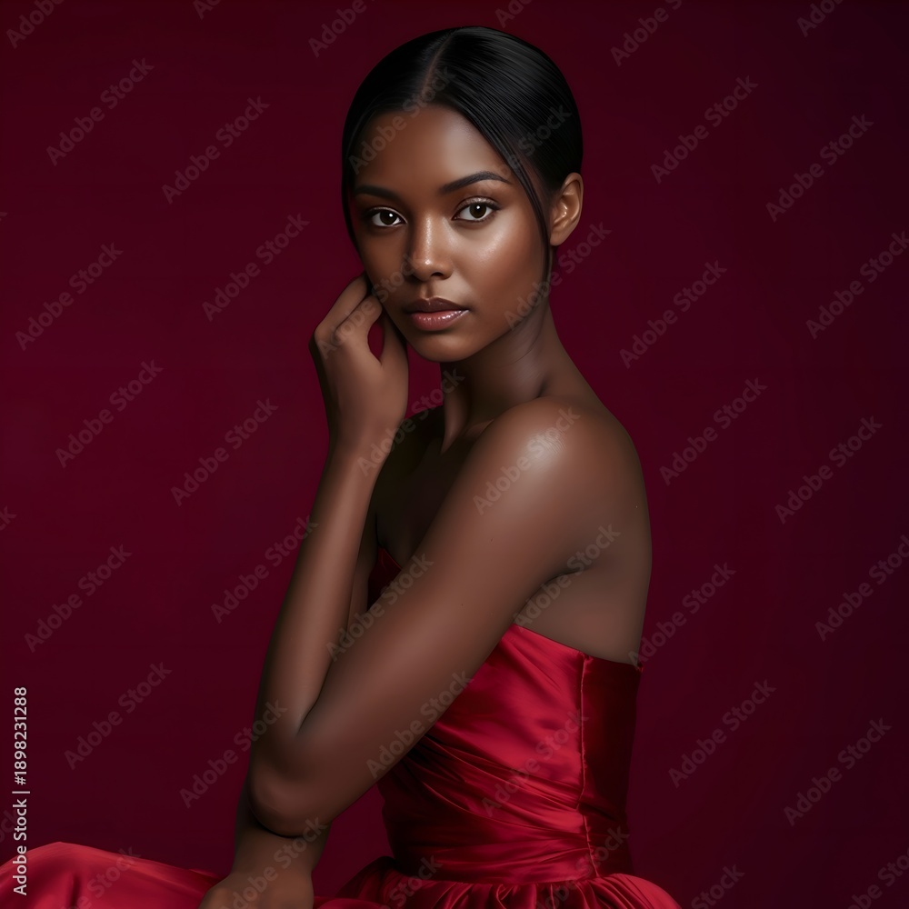 Fototapeta premium elegant studio portrait of woman wearing red dress against red background, classic beauty, fashion photography, cinematic lighting, confident feminine style, timeless editorial look