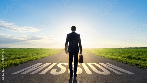 Photos Businessman walking along an empty road with the word mission on the pavement, p