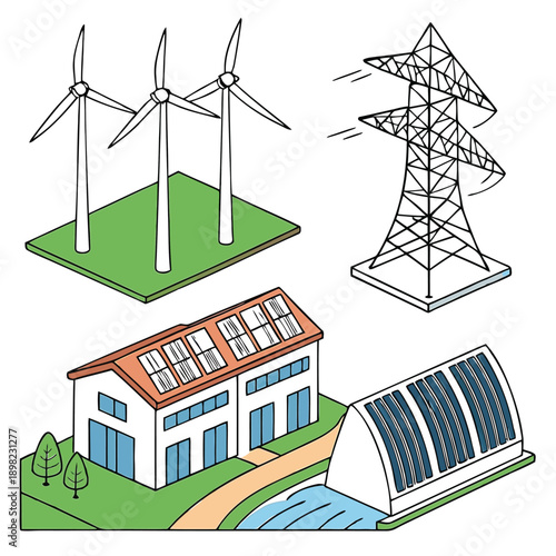Illustration of renewable energy sources and smart grid technology integration in modern living