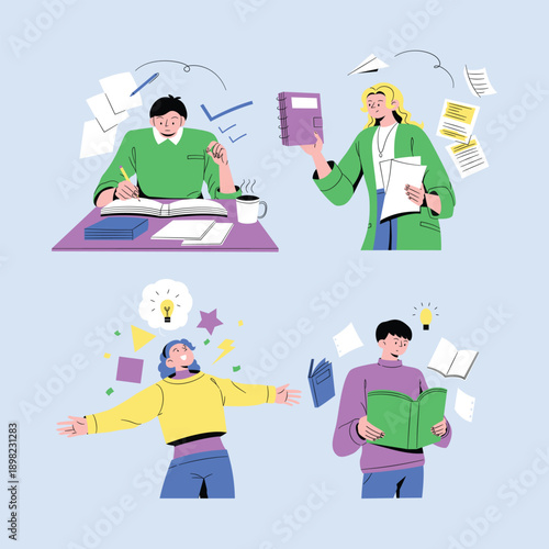 Minimalist flat-style students and researchers doing study, presentation, reading, writing, graduation, and science experiments