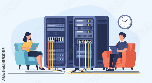 Two people work on computers near server racks in a modern office