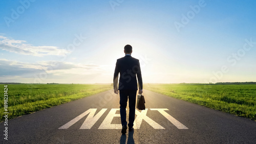 Fotografie Businessman walking on road towards the future with the word 'next' painted on a