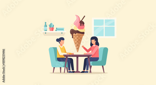 Two people sit at a table with a giant ice cream cone between them