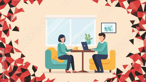 Two people sit at a table with a laptop, in a room with abstract decorative borders