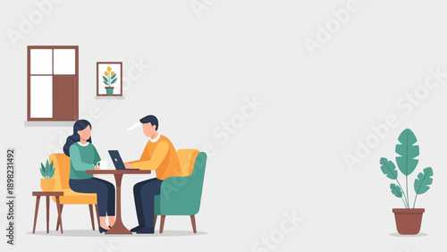 Two people sit at a table with a laptop, mugs, and plants in a room